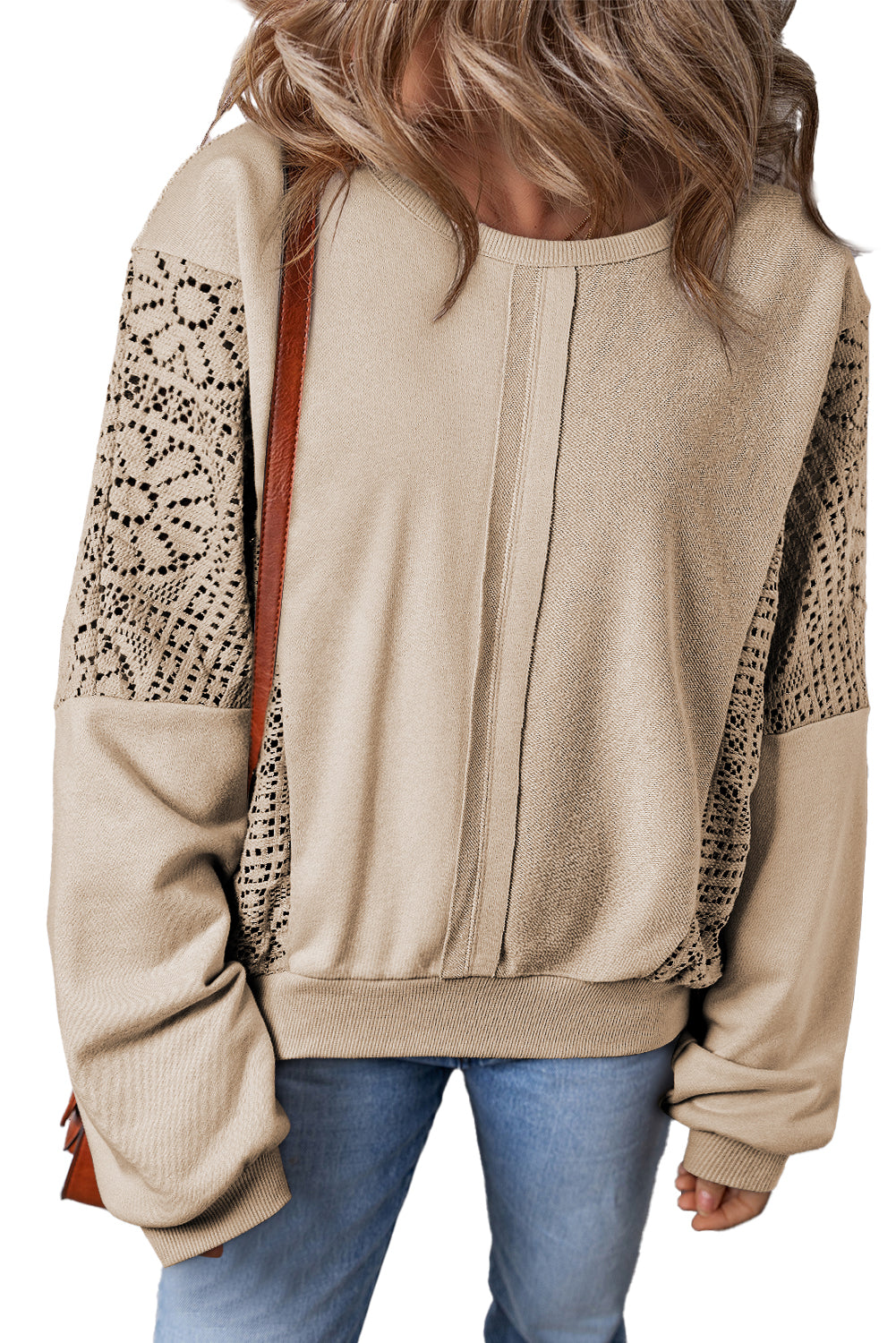 Parchment Knit Crochet Exposed Seam Ribbed Trim Sweatshirt