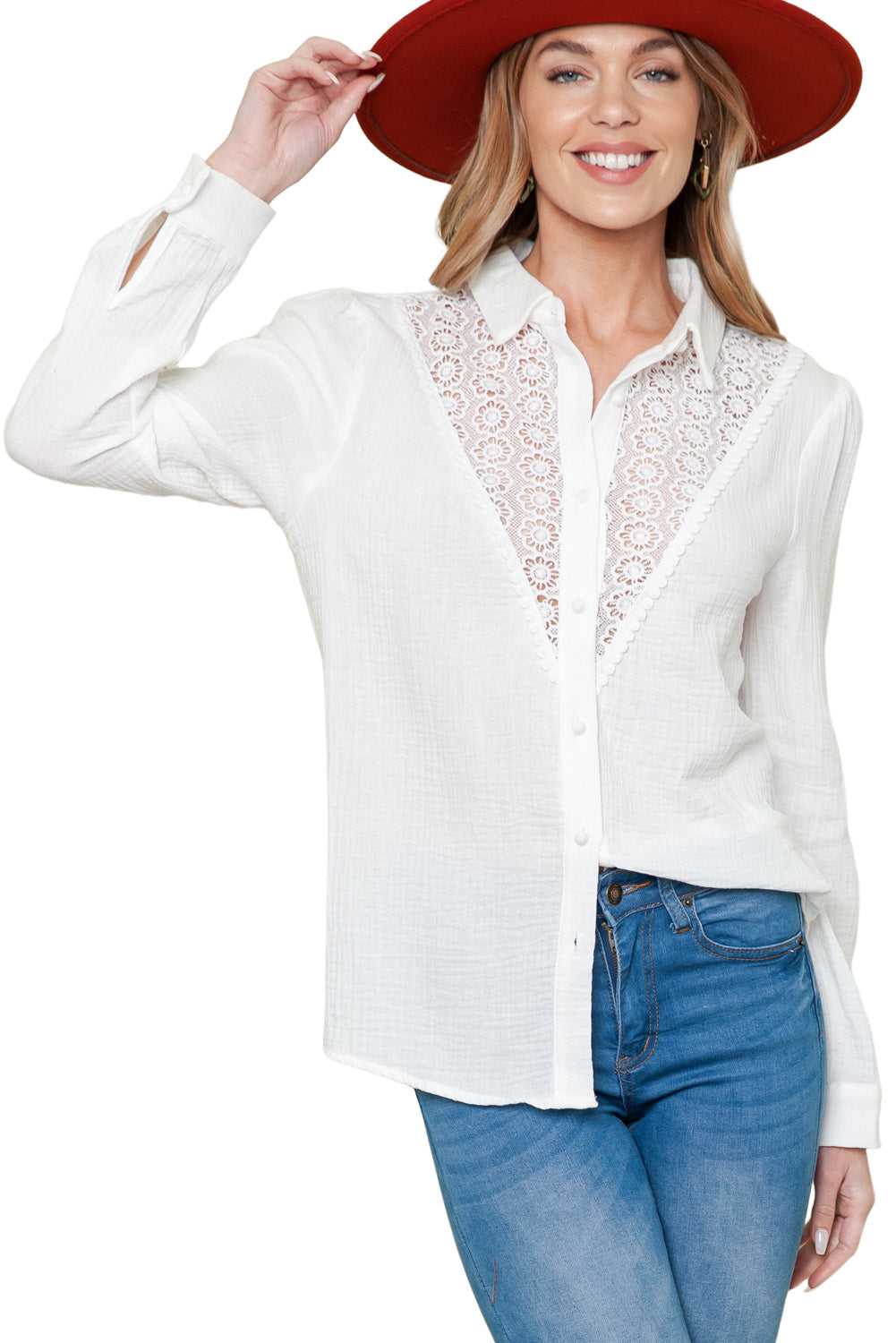 White Floral Lace Hollow-out Patchwork Crinkled Shirt