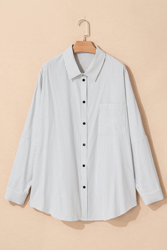 White Stripe Rolled Tab Sleeve Buttoned Plus Size Shirt