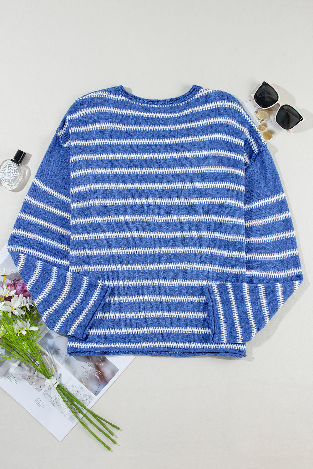 Brown Stripe Casual Round Neck Drop Shoulder Sweater