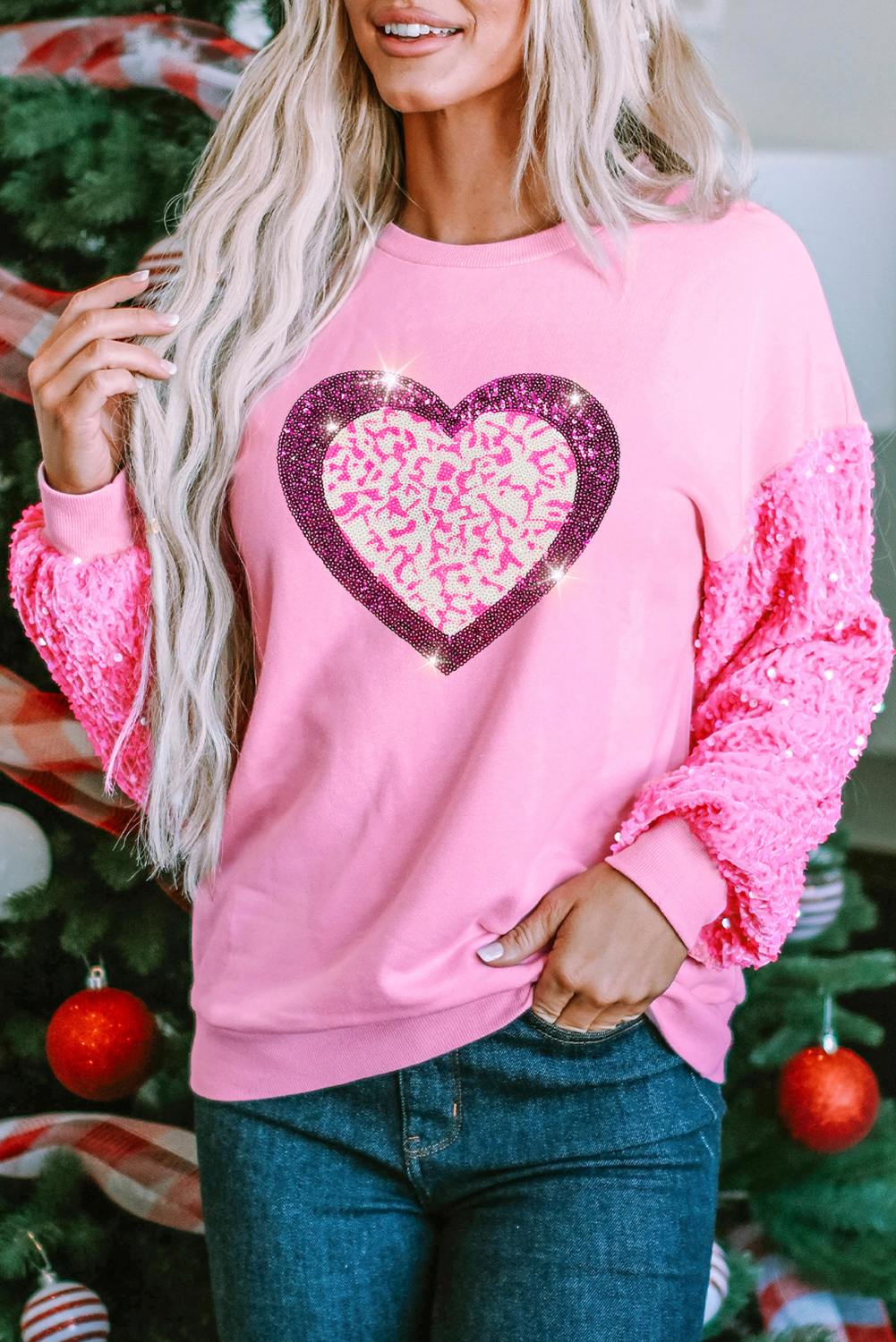 Pink Leopard Heart Graphic Sequin Patchwork Long Sleeve Valentines Top