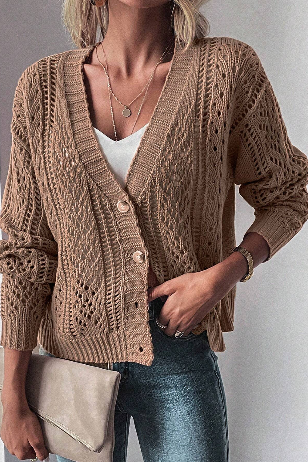 Green Hollow Knit Drop Shoulder Cardigan