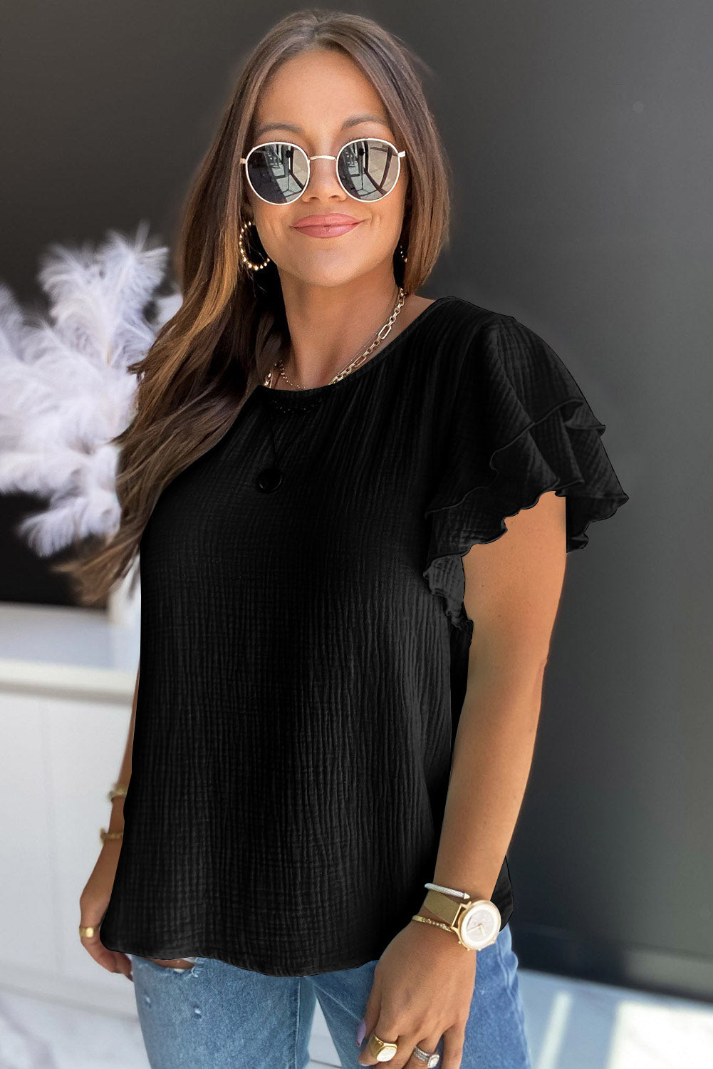 Black Textured Tiered Ruffle Casual Short Sleeve Top