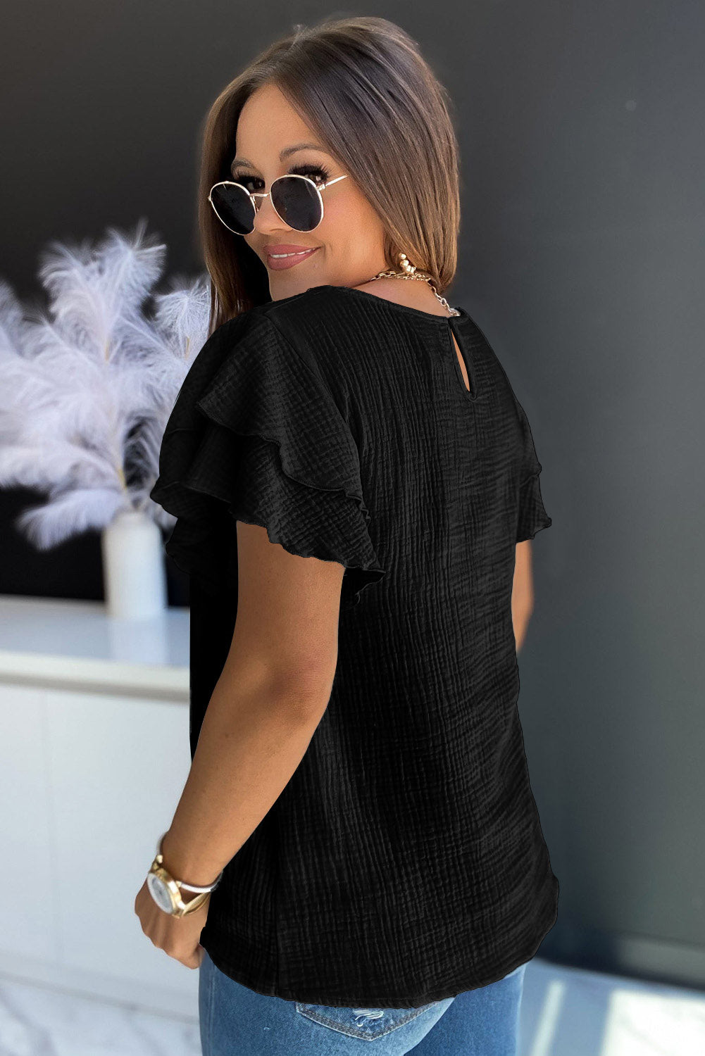 Black Textured Tiered Ruffle Casual Short Sleeve Top