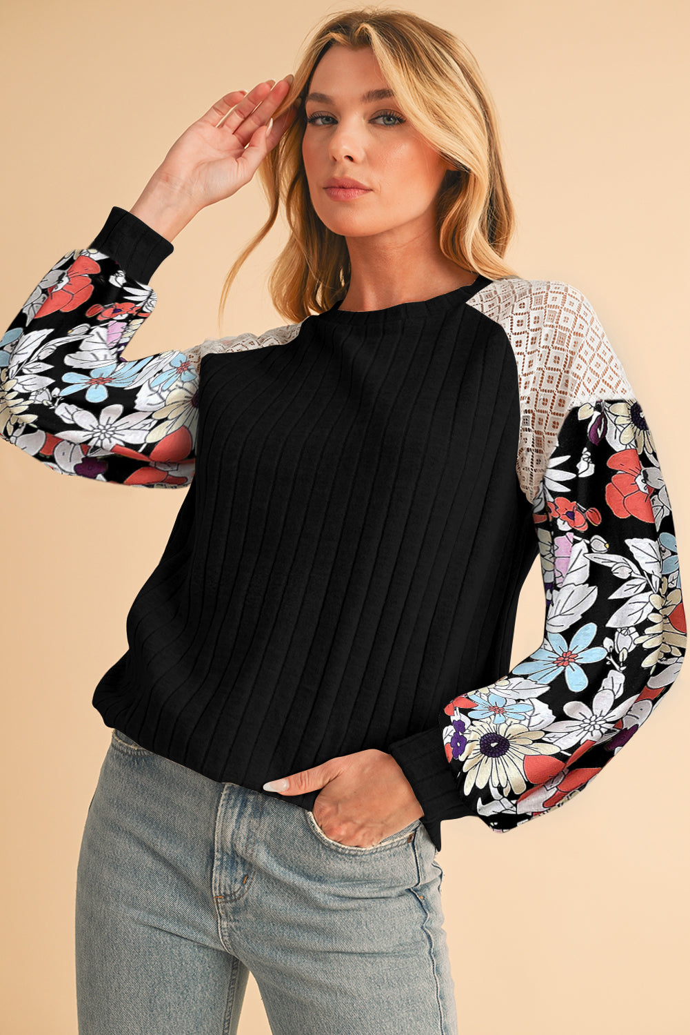 Parchment Floral Patchwork Raglan Sleeve Ribbed Blouse