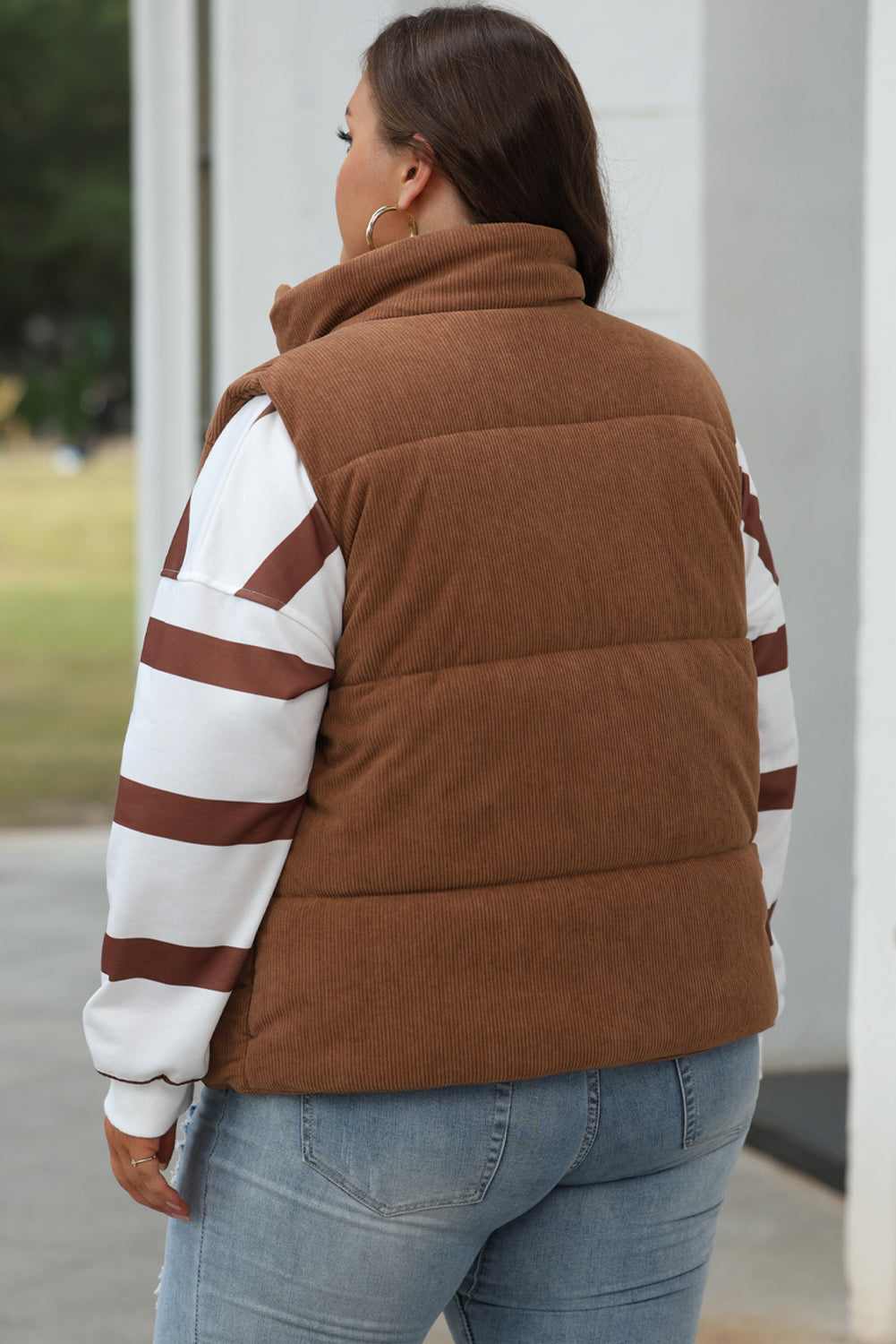 Jungle Green Corduroy Stand Neck Zipped Puffer Vest