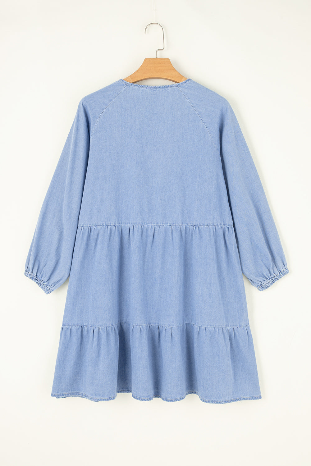 Black Puff Sleeve V Neck Tiered Ruffled Chambray Mini Dress