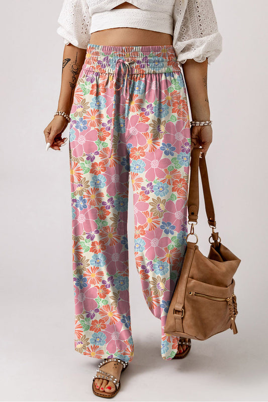 Pink Floral Smocked Elastic Waist Loose Pants