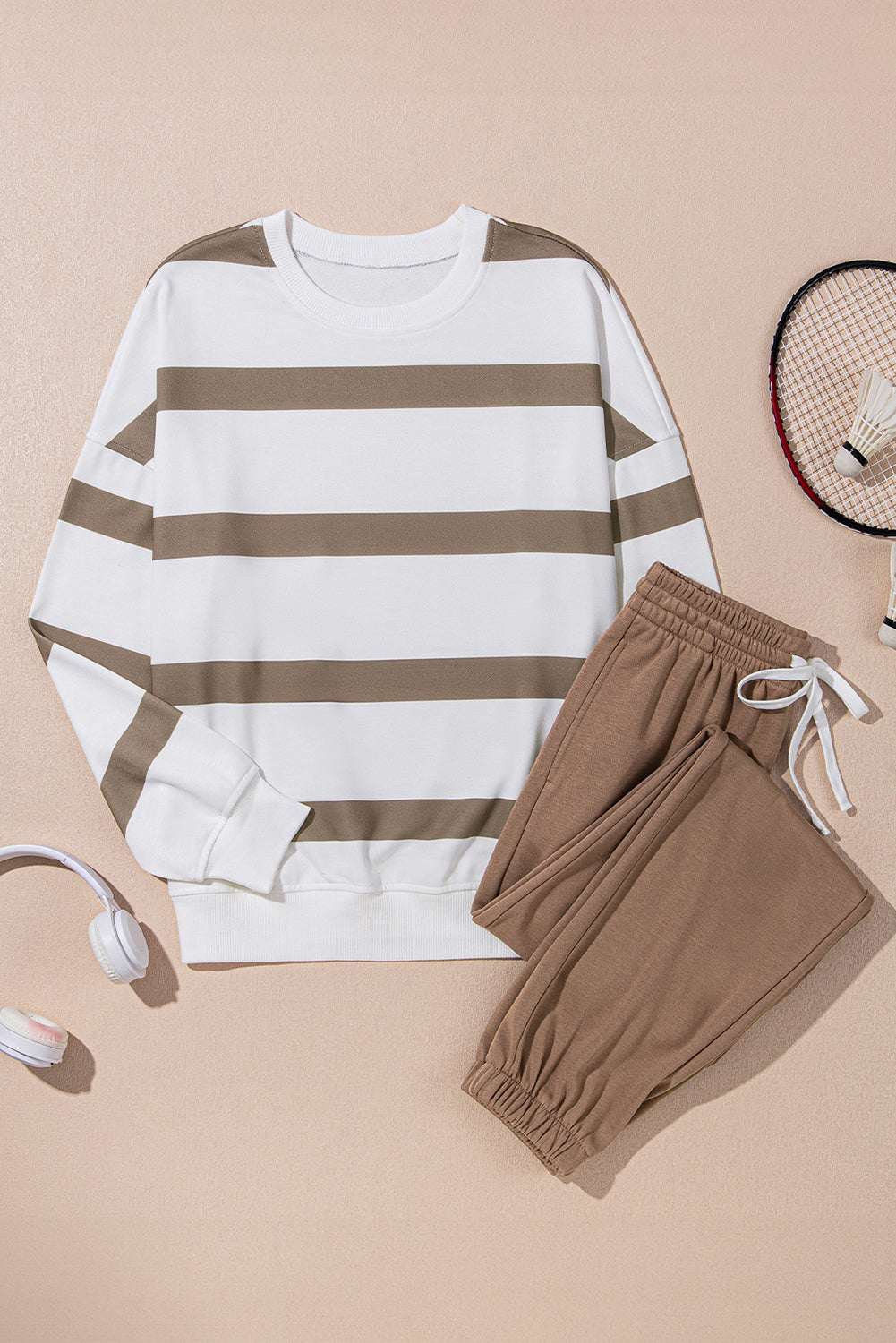 Brown Stripe Striped Drop Shoulder Pullover and Jogger Pants Set