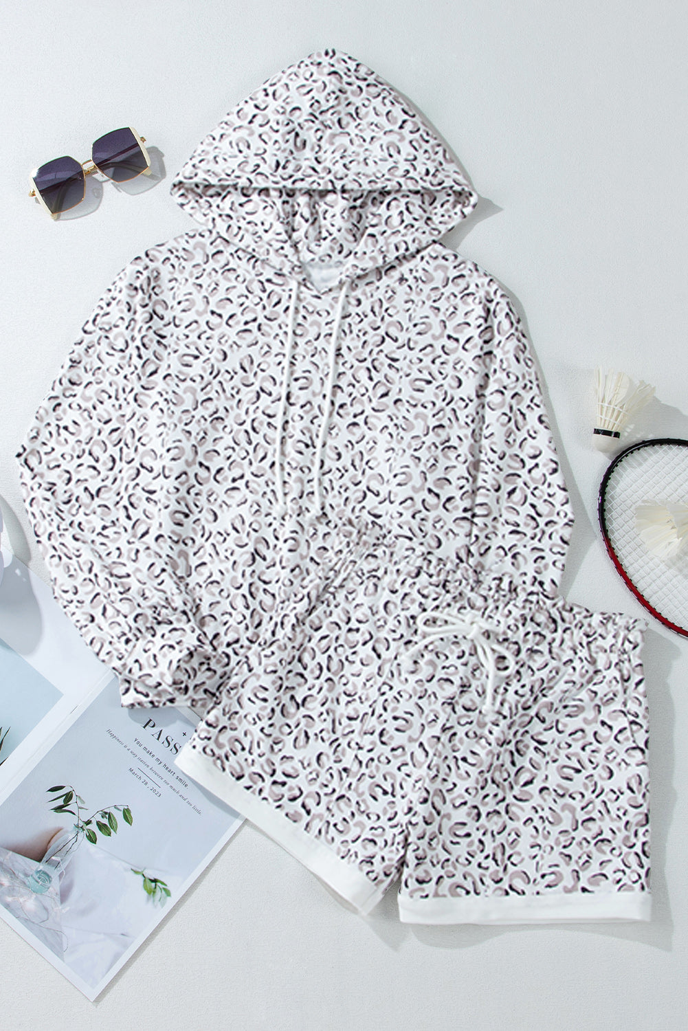 White Leopard Print Hoodie and Shorts Set