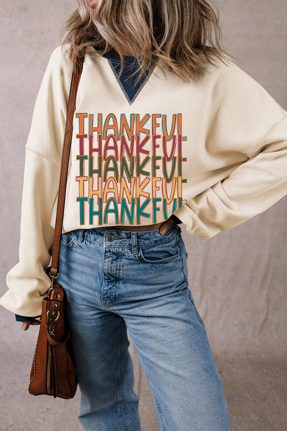 White THANKFUL Graphic Colorblock Edge Oversized Thanksgiving Sweatshirt