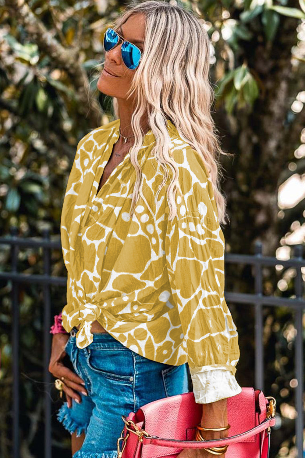 Ginger Abstract Floral Print V Neck Blouse