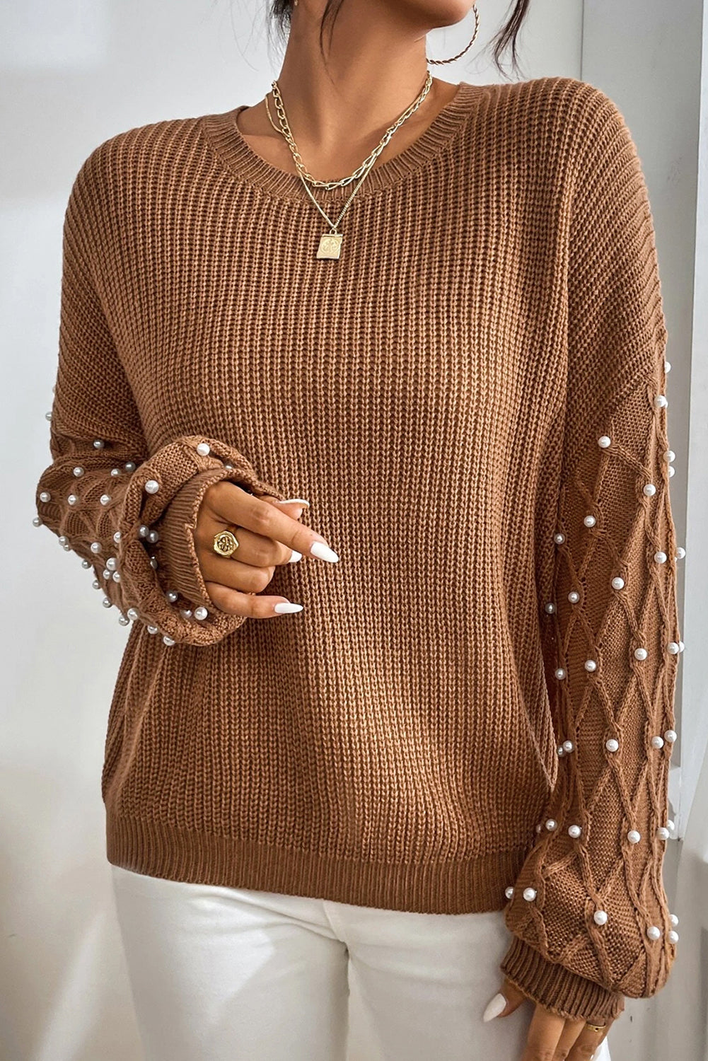 Chestnut Pearl Drop Shoulder Round Neck Sweater