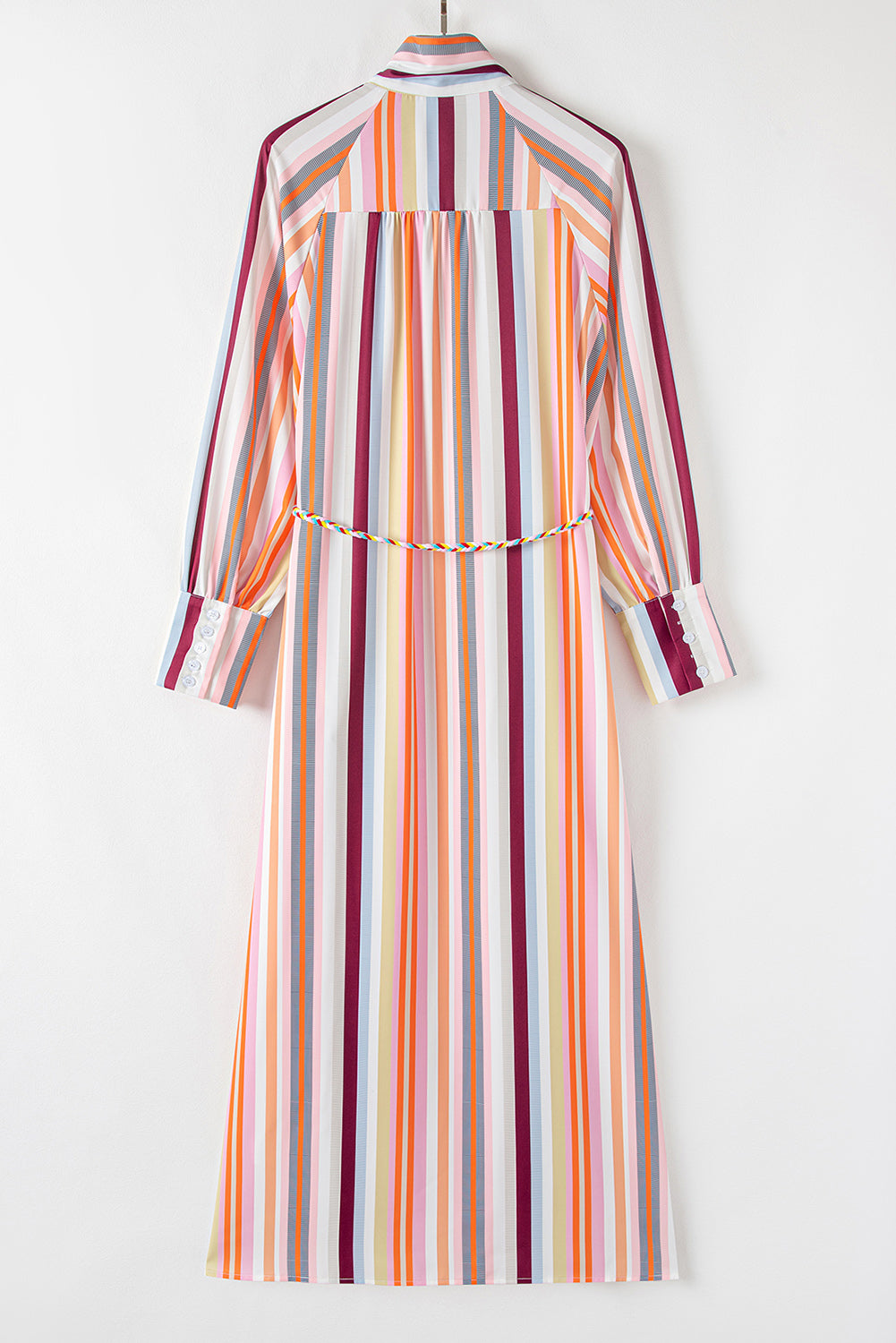 White Multicolor Striped Cuffed Sleeve Tassel Tied Shirt Maxi Dress