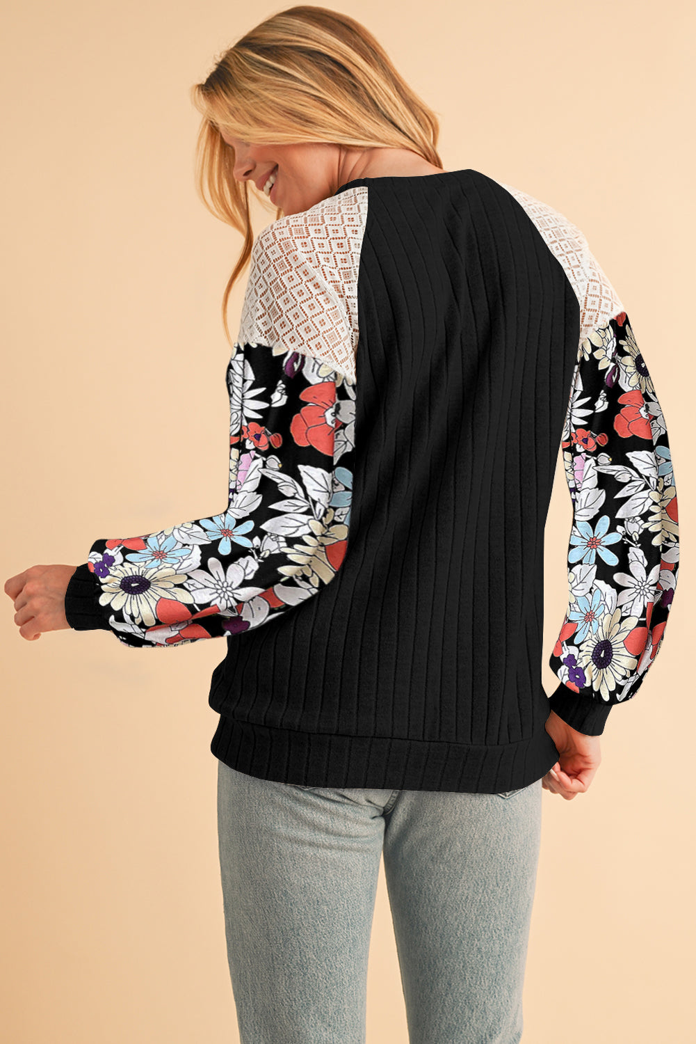 Parchment Floral Patchwork Raglan Sleeve Ribbed Blouse