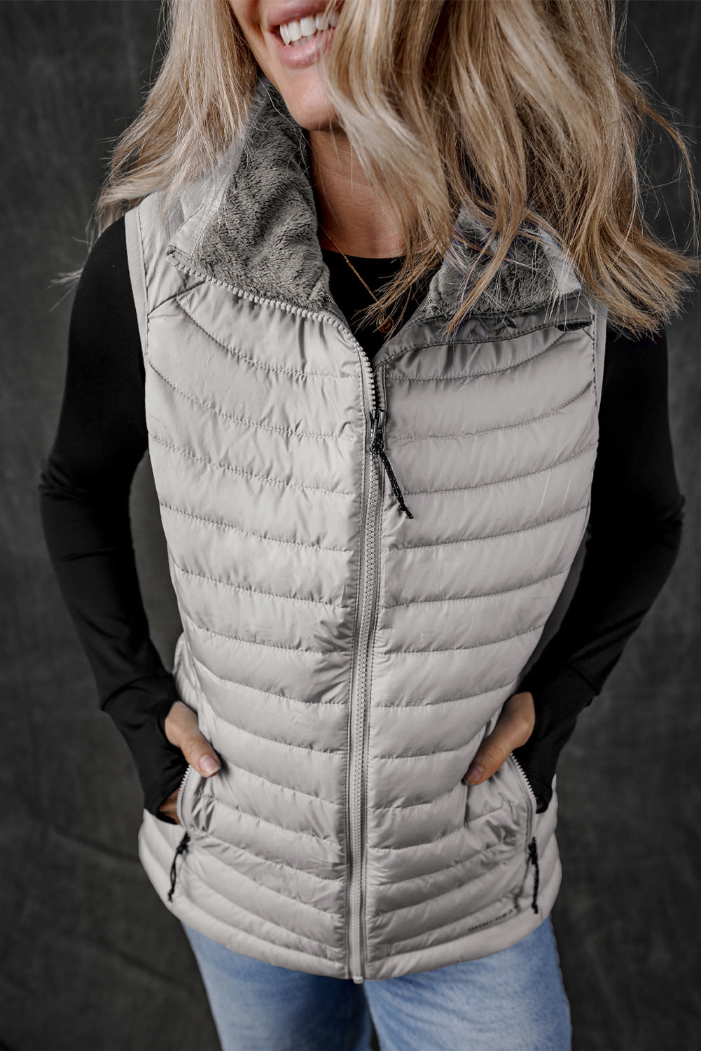 Sky Blue Plush Collared Quilted Zipped Puffer Vest