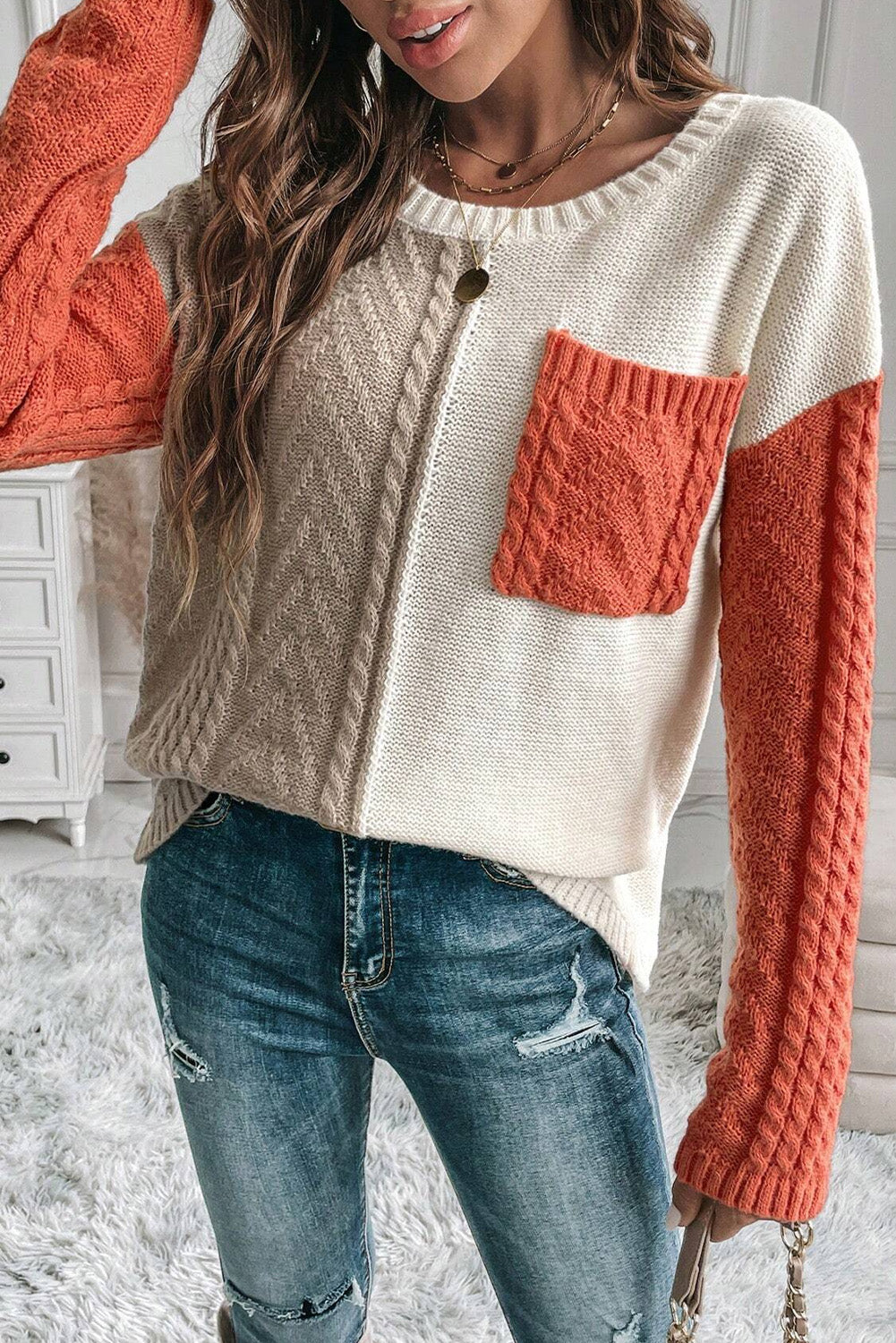 Rose Tan Colorblock Pocket Drop Shoulder Sweater