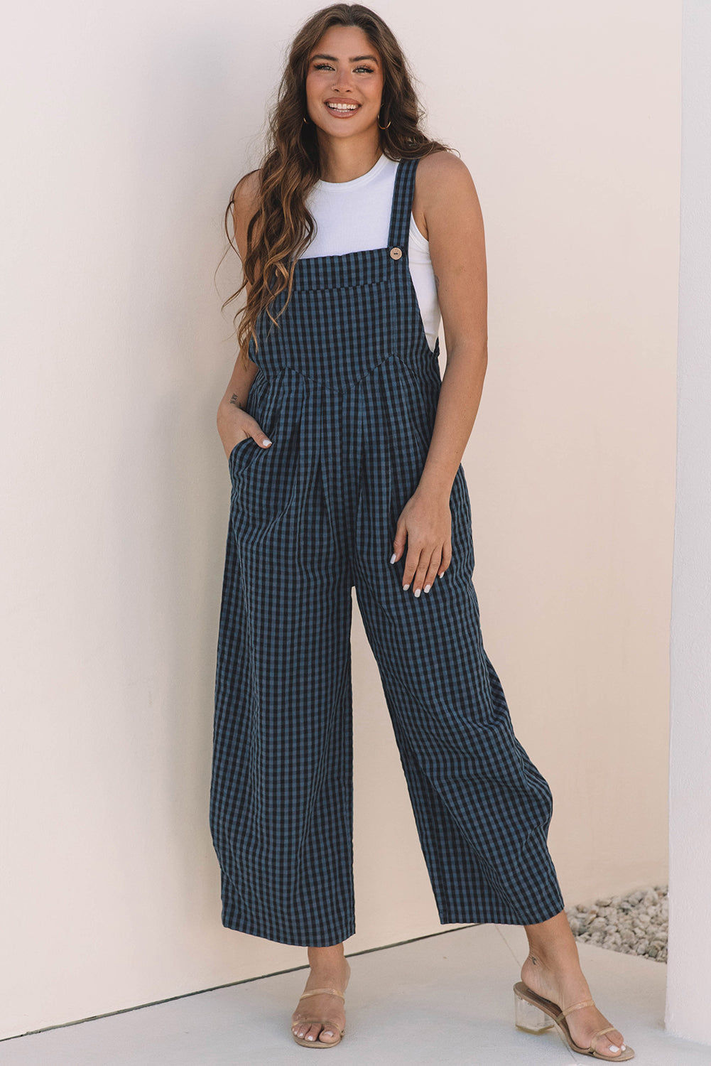 Sail Blue Plaid Print Buttoned Pocketed High Waist Overall