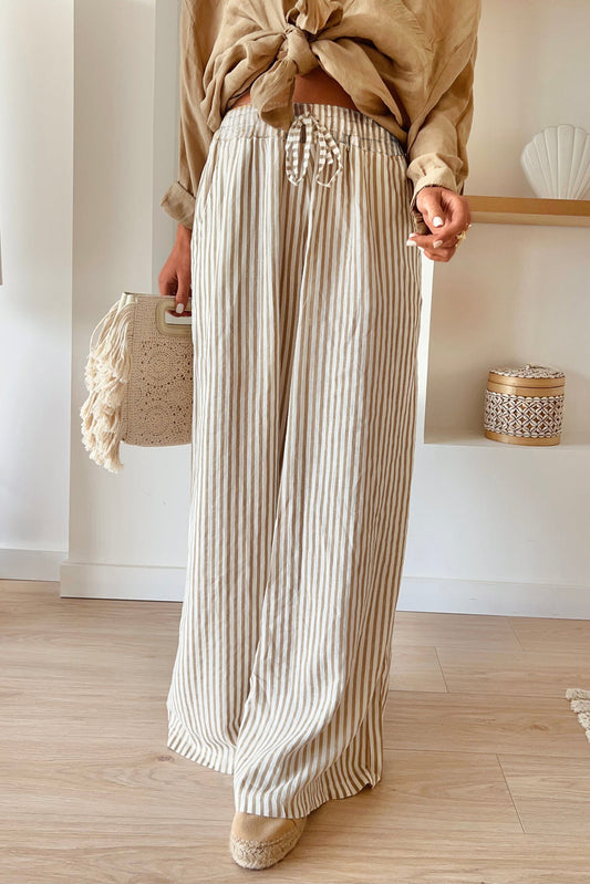 Khaki Striped Drawstring Waist Loose Pants