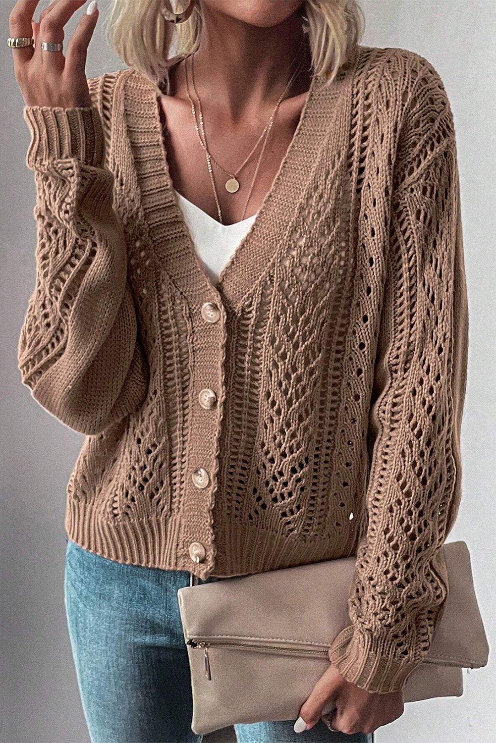 Green Hollow Knit Drop Shoulder Cardigan