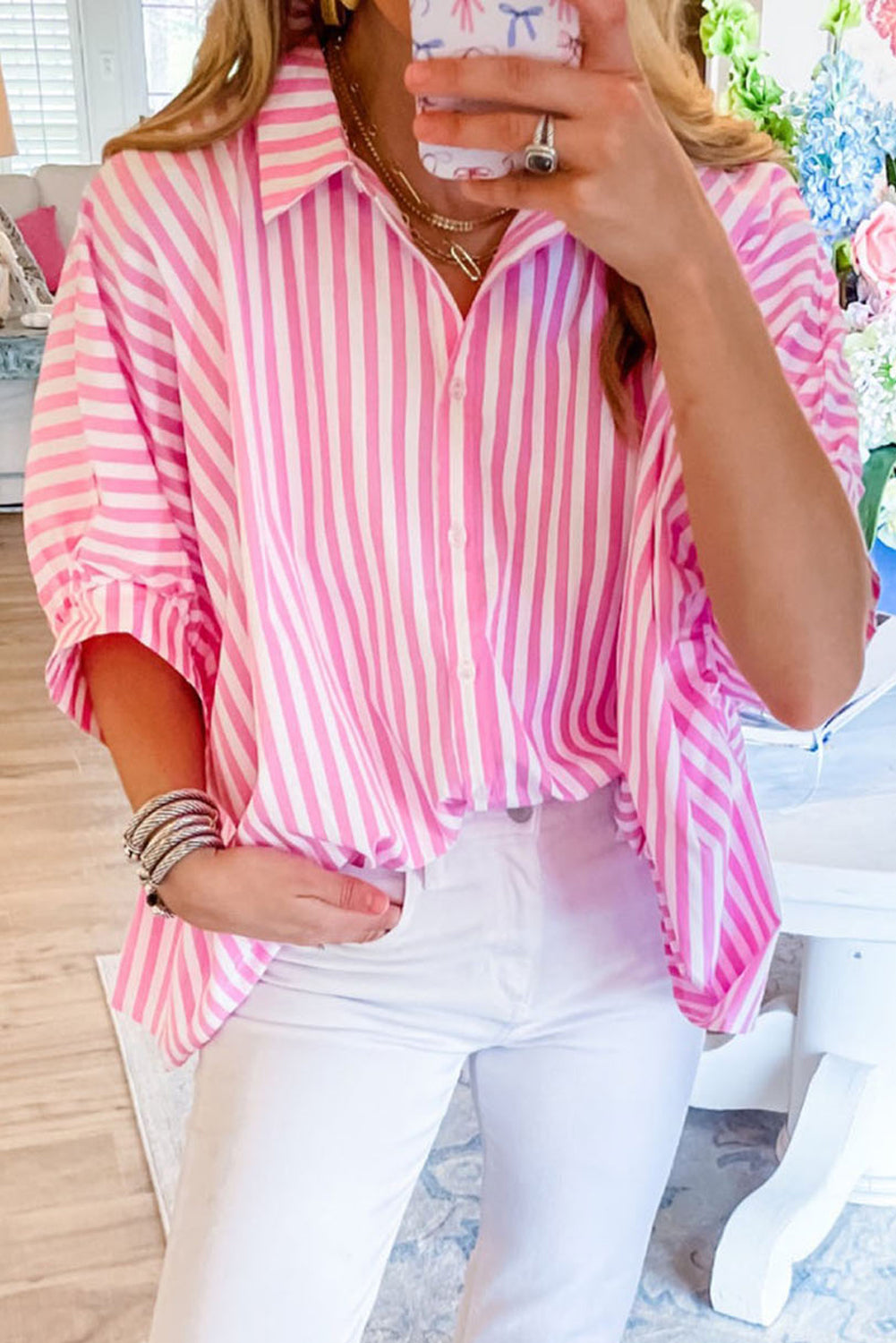 Pink Stripe Button Up Dolman Shirt