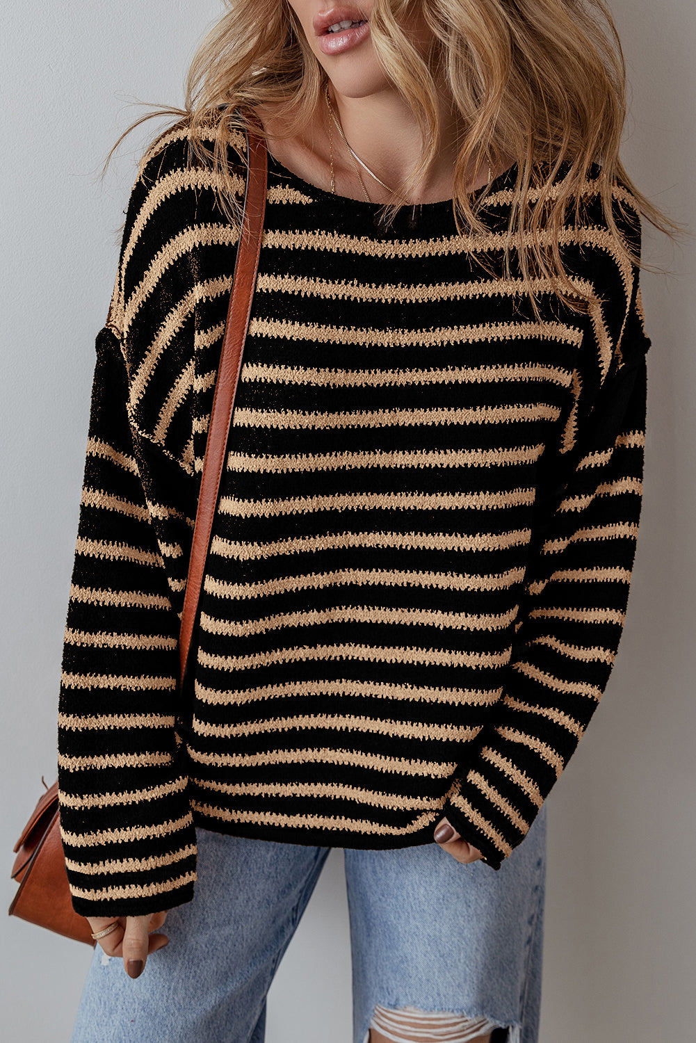 Black Stripe Drop Shoulder Round Neck Loose Sweater