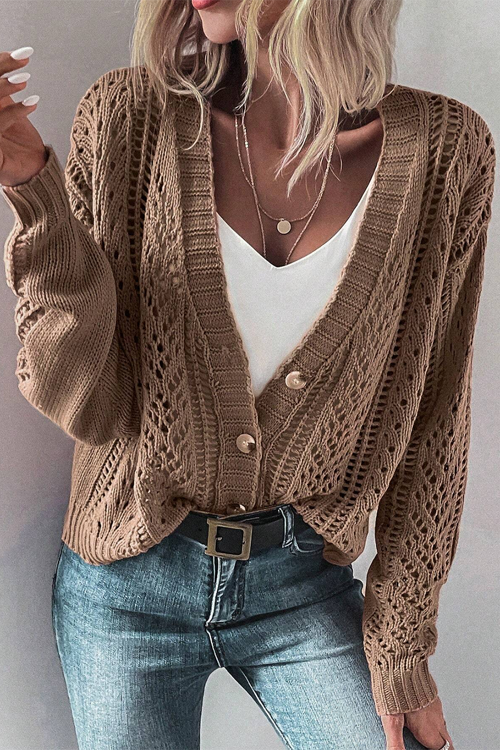 Green Hollow Knit Drop Shoulder Cardigan