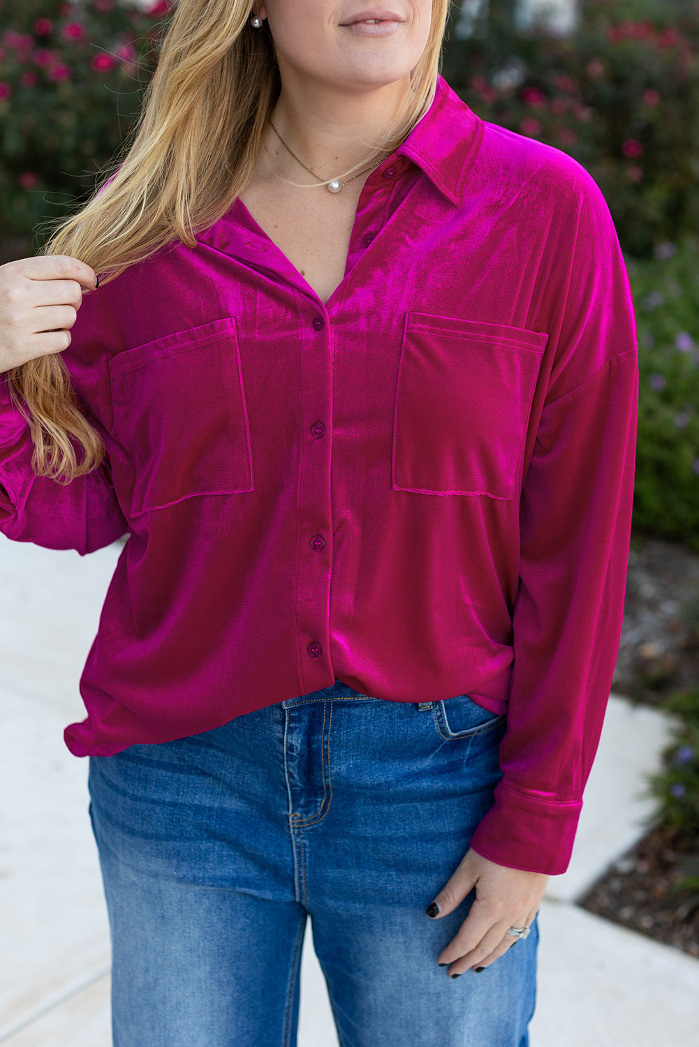 Chestnut Plus Size Velvet Chest Pocket Drop Shoulder Shirt