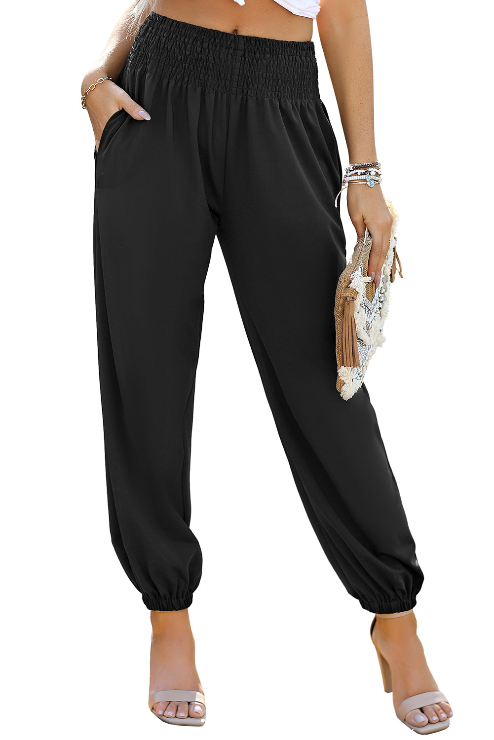 Black Pocketed Smocked High Waist Joggers