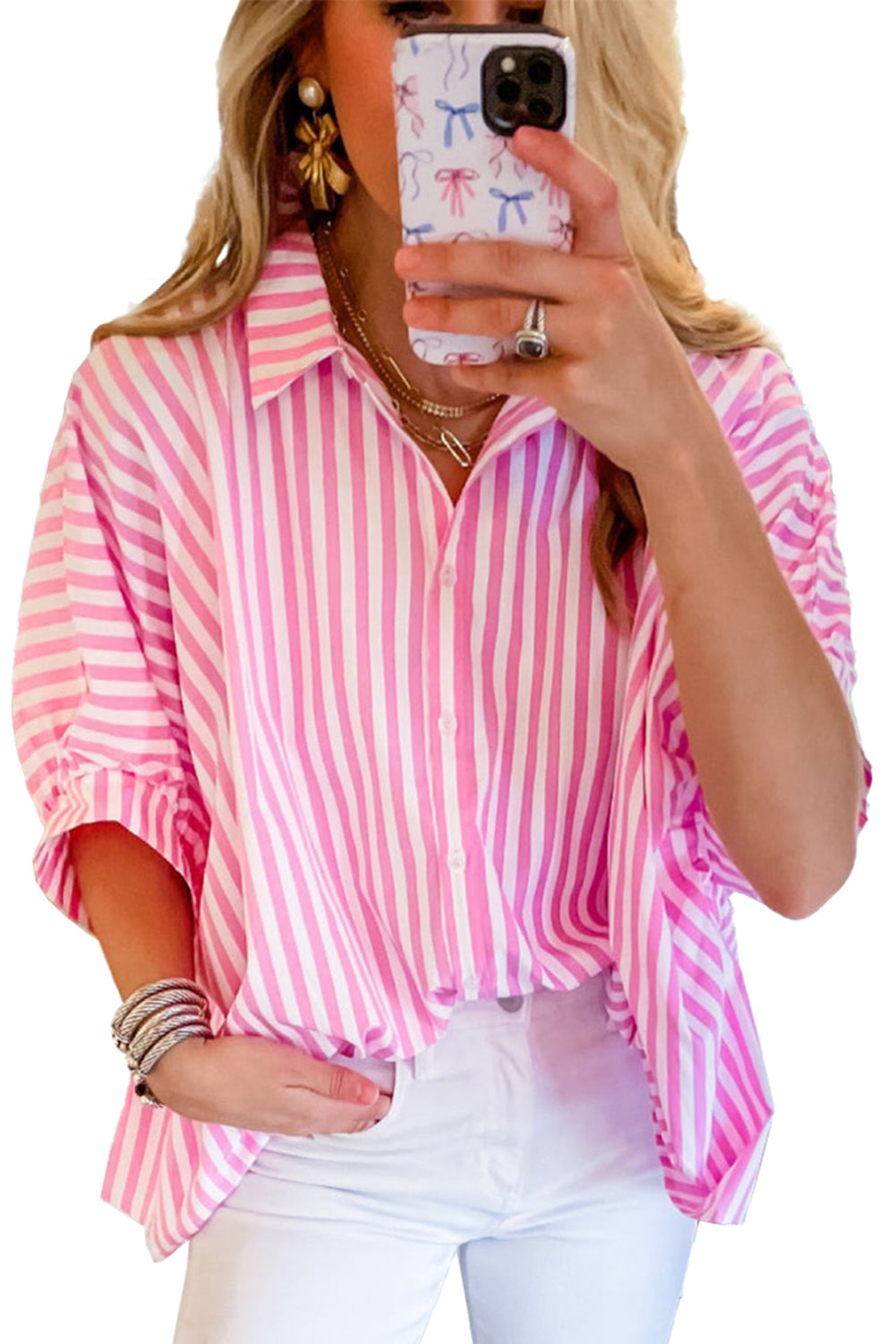 Pink Stripe Button Up Dolman Shirt