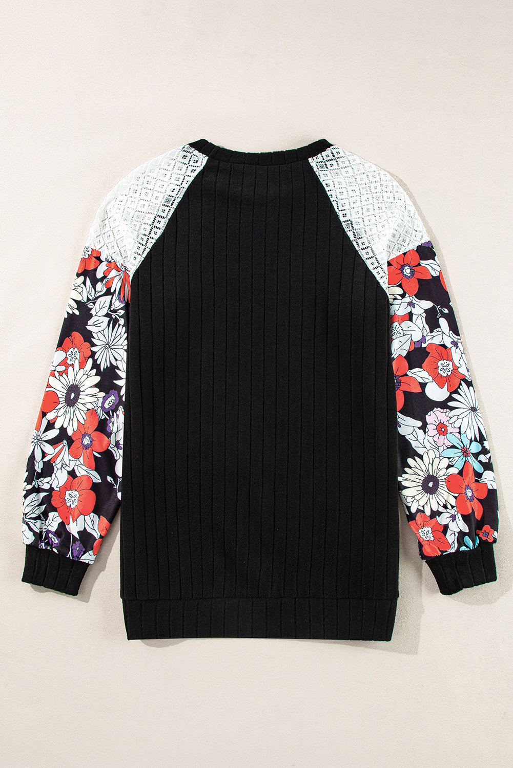 Parchment Floral Patchwork Raglan Sleeve Ribbed Blouse