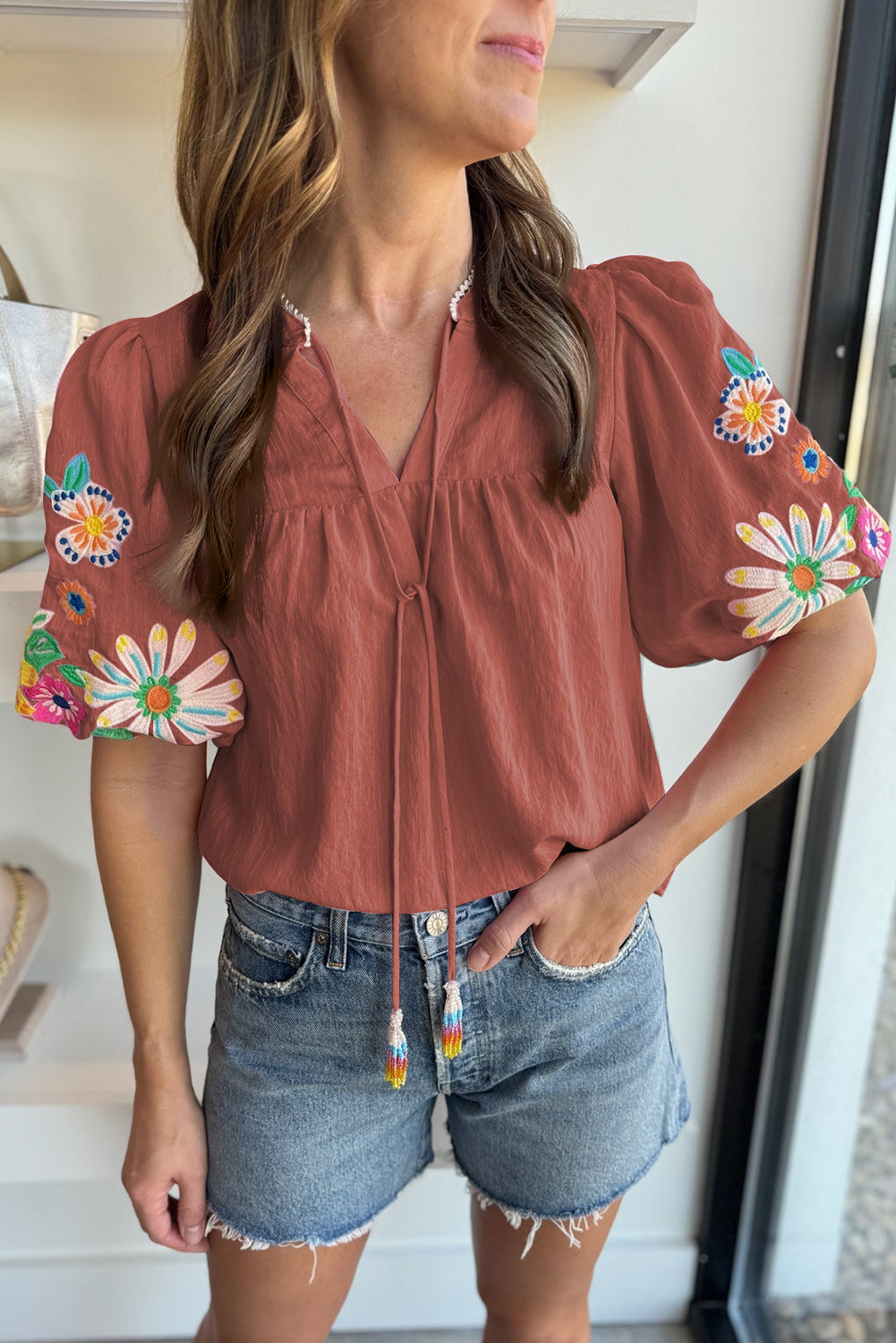 Black Floral Embroidered Puff Sleeve Split Neck Blouse