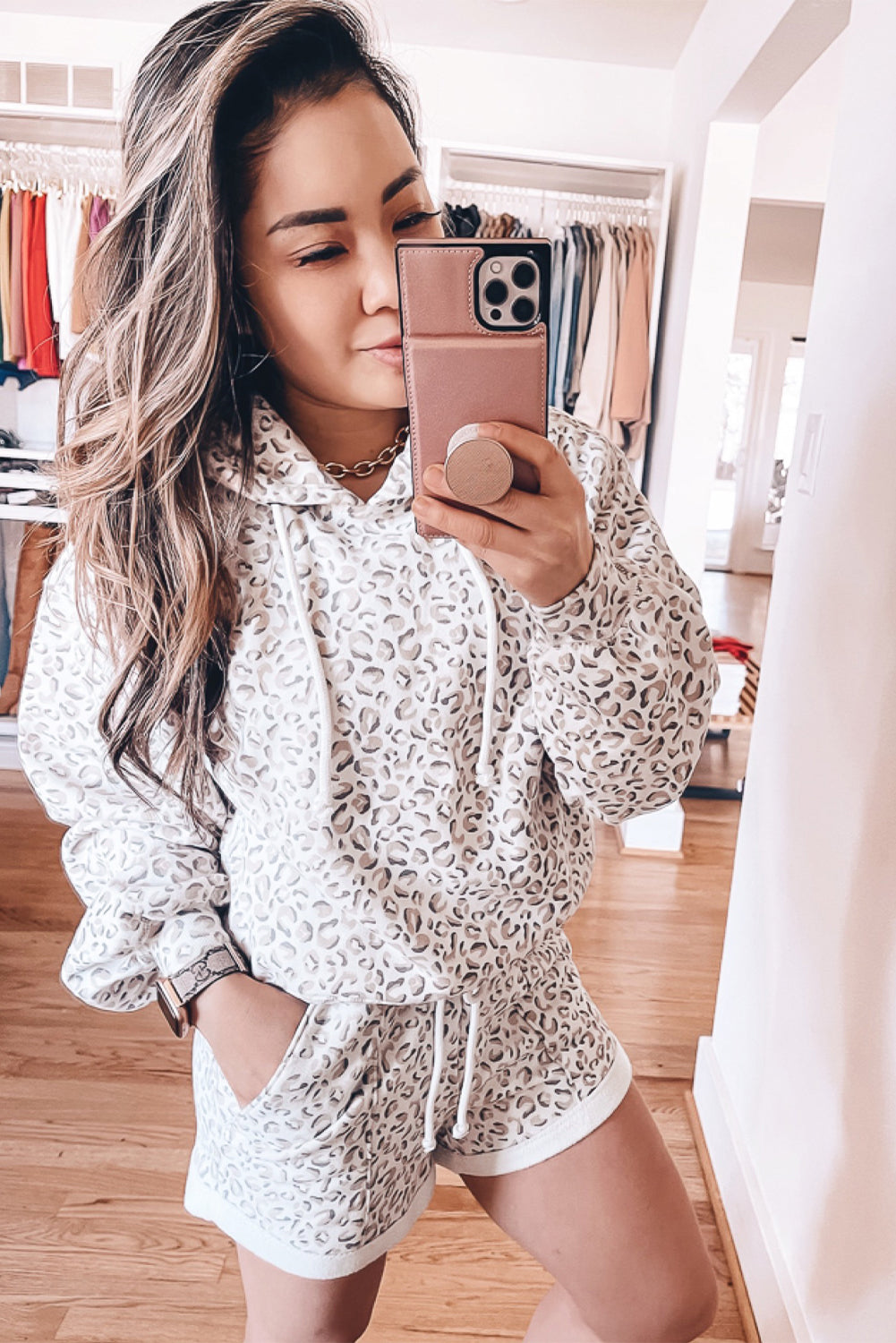 White Leopard Print Hoodie and Shorts Set