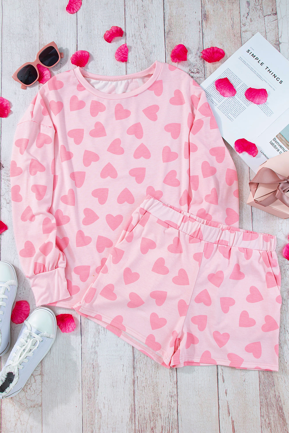 Black Valentine Heart Shape Print Long Sleeve Top Shorts Lounge Set