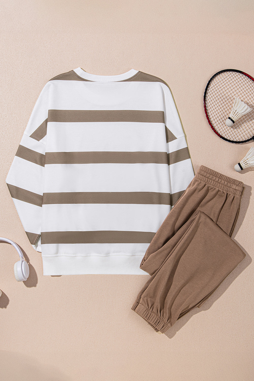 Brown Stripe Striped Drop Shoulder Pullover and Jogger Pants Set