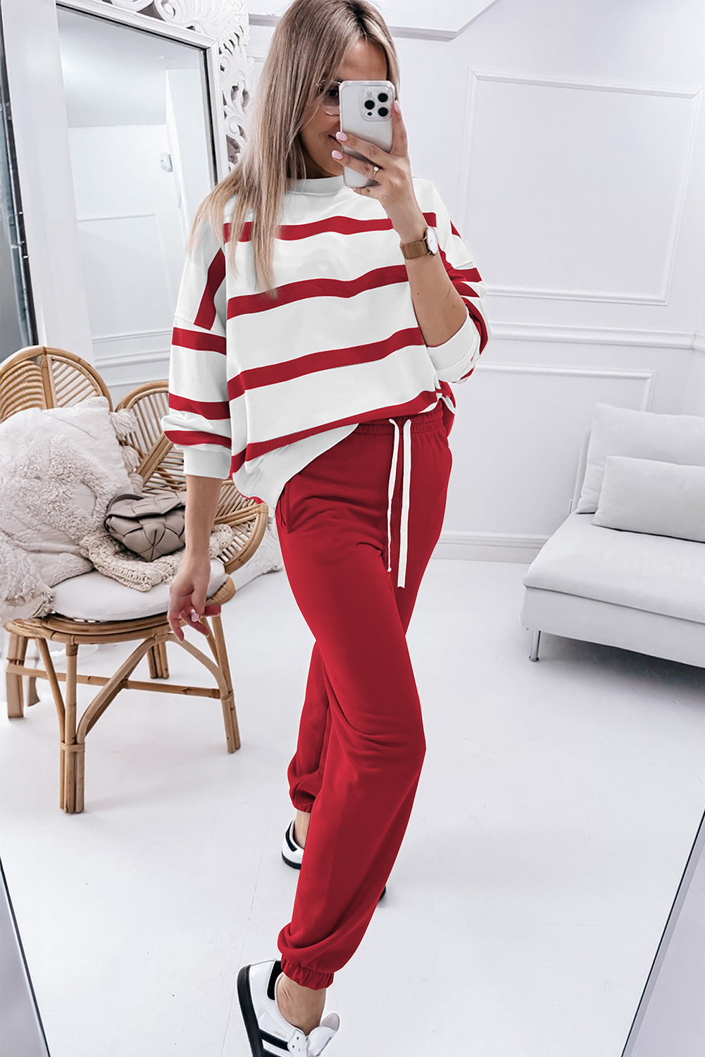 Brown Stripe Striped Drop Shoulder Pullover and Jogger Pants Set