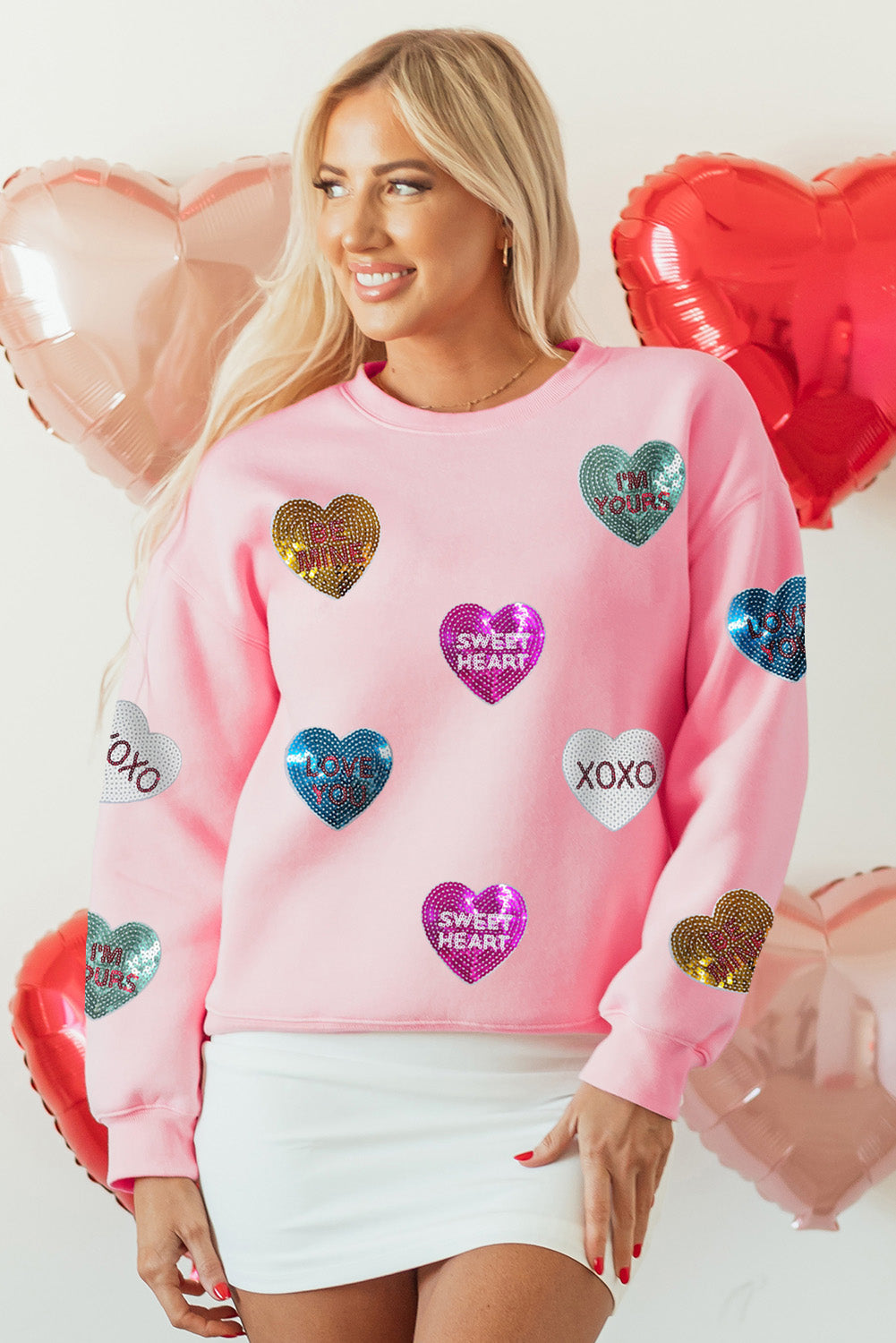 Pink Sequin Romantic Letters Heart Graphic Valentines Sweatshirt