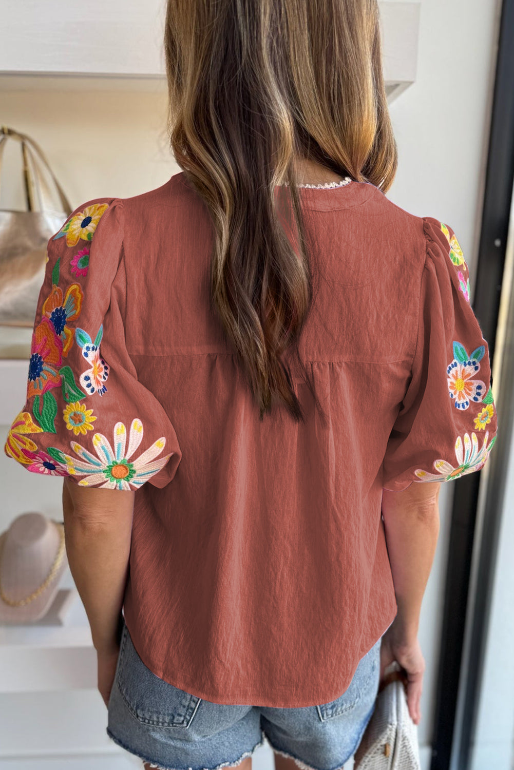 Black Floral Embroidered Puff Sleeve Split Neck Blouse